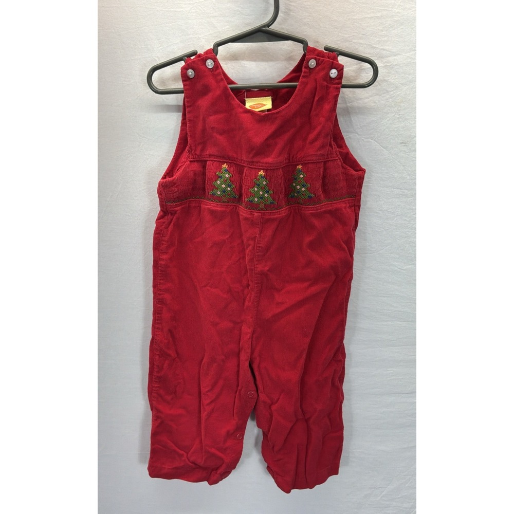 SOUTHERN SUNSHINE Smocked Red Corduroy Christmas Holiday Overalls Tree Sz 24 mo
